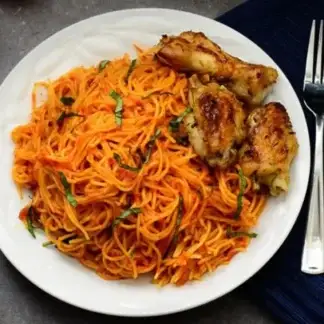 Jollof Spaghetti with Grilled Chicken