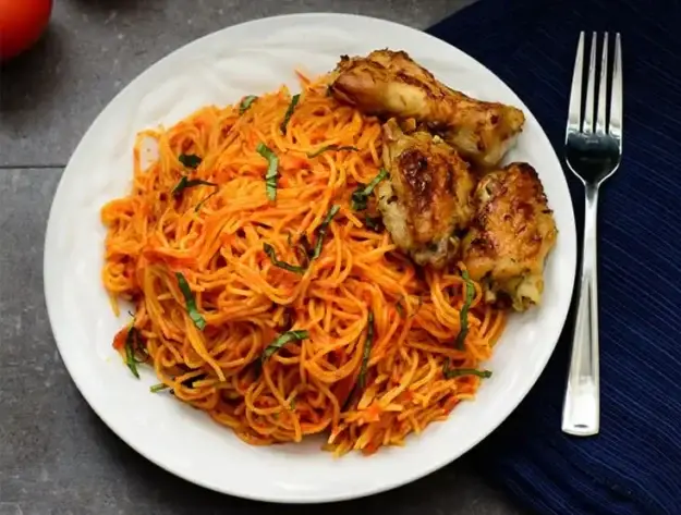 Jollof Spaghetti with Grilled Chicken 1 Jollof Spaghetti with Grilled Chicken