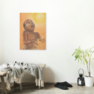 Vibrant painting of a young Africa child playing in the rain for your home decor.